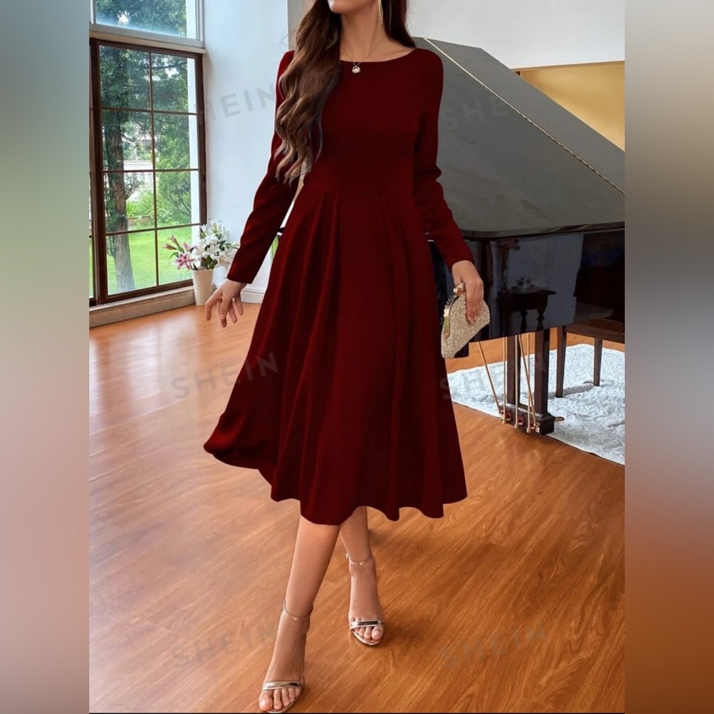 SHEIN Classic Wine Red Long Sleeve Simple and Elegant Dress
